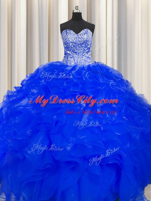 Visible Boning Beaded Bodice Royal Blue Ball Gowns Sweetheart Sleeveless Organza Floor Length Lace Up Beading and Ruffles Ball Gown Prom Dress