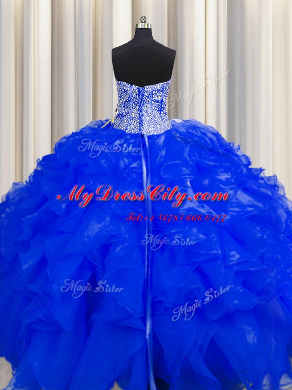 Visible Boning Beaded Bodice Royal Blue Ball Gowns Sweetheart Sleeveless Organza Floor Length Lace Up Beading and Ruffles Ball Gown Prom Dress