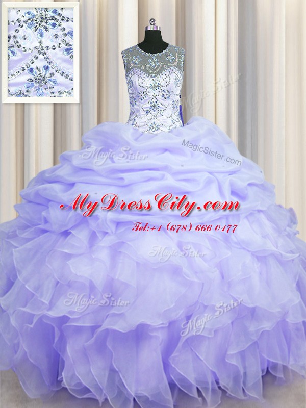 Exquisite See Through Scoop Sleeveless Lace Up Quinceanera Dress Lavender Organza