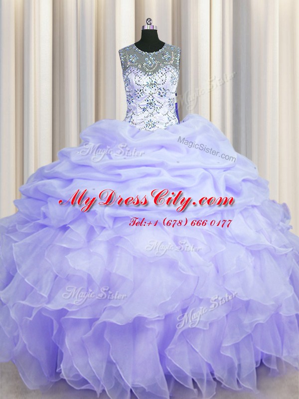 Exquisite See Through Scoop Sleeveless Lace Up Quinceanera Dress Lavender Organza