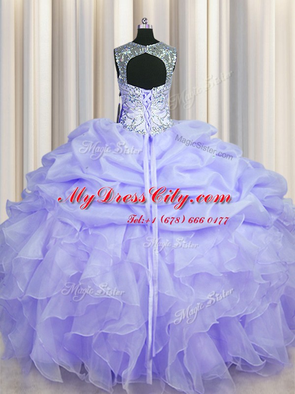 Exquisite See Through Scoop Sleeveless Lace Up Quinceanera Dress Lavender Organza