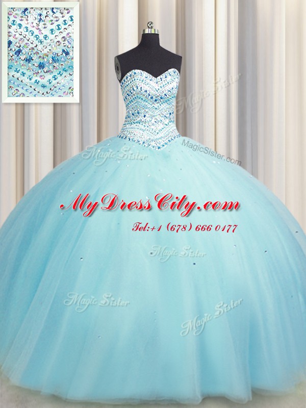 Ideal Bling-bling Big Puffy Aqua Blue Sweetheart Lace Up Beading 15 Quinceanera Dress Sleeveless