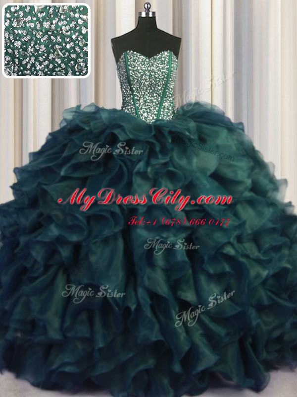 Cute Visible Boning Bling-bling Peacock Green Sleeveless Organza Brush Train Lace Up 15 Quinceanera Dress for Military Ball and Sweet 16 and Quinceanera