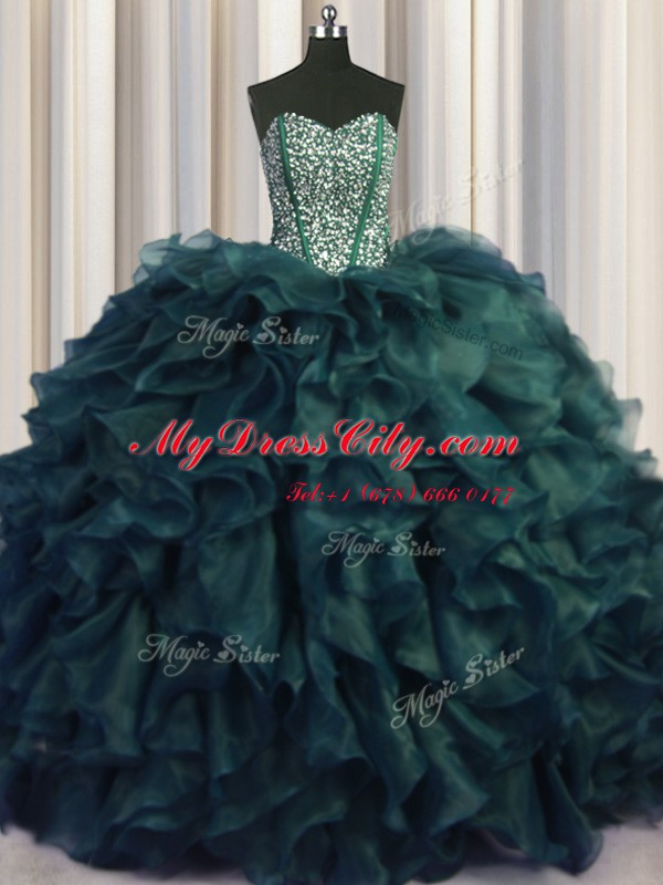 Cute Visible Boning Bling-bling Peacock Green Sleeveless Organza Brush Train Lace Up 15 Quinceanera Dress for Military Ball and Sweet 16 and Quinceanera