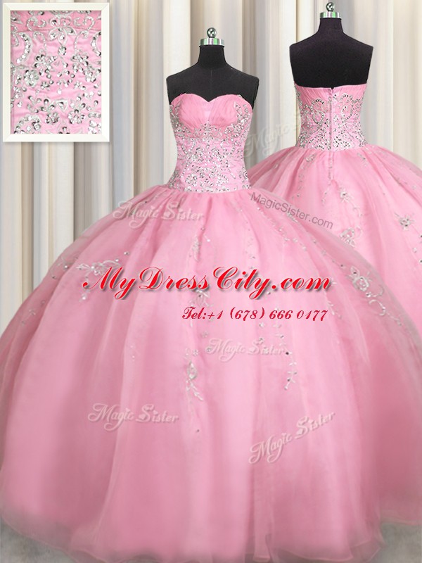 Elegant Rose Pink Ball Gowns Beading and Appliques Quinceanera Gown Zipper Organza Sleeveless Floor Length