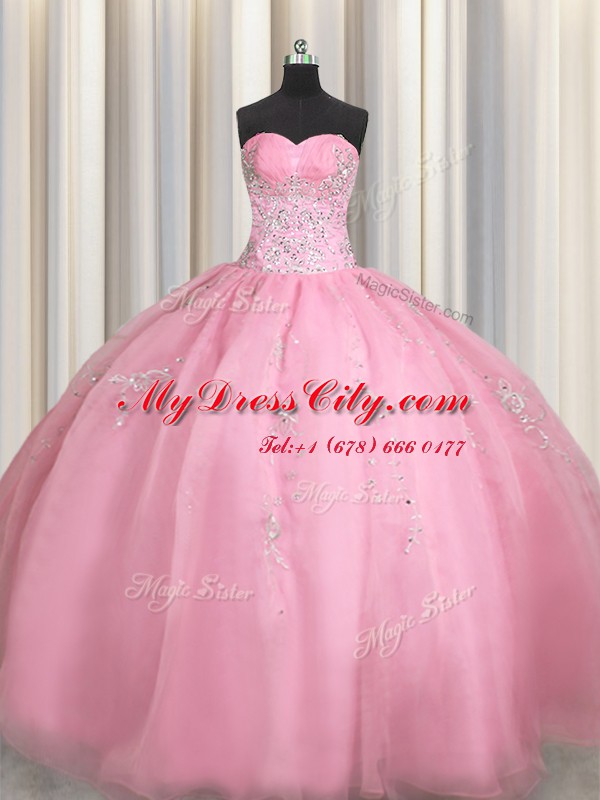 Elegant Rose Pink Ball Gowns Beading and Appliques Quinceanera Gown Zipper Organza Sleeveless Floor Length