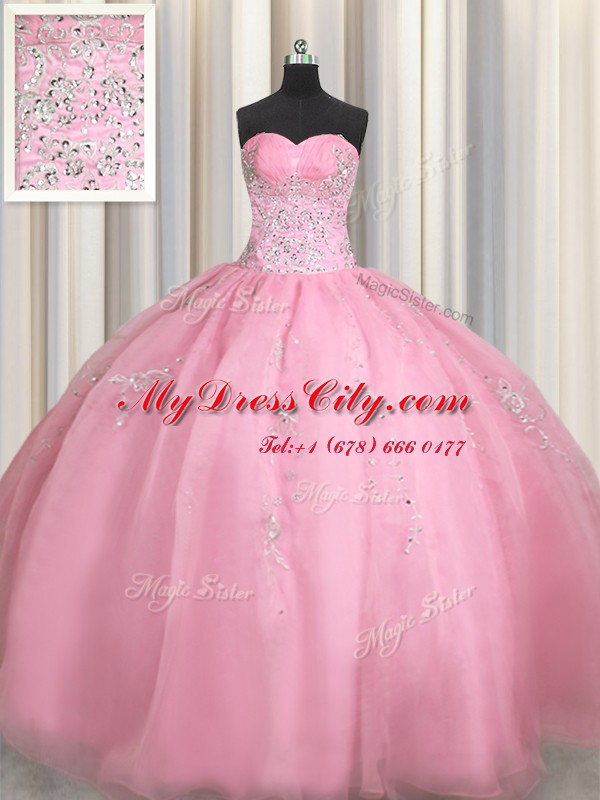 Elegant Rose Pink Ball Gowns Beading and Appliques Quinceanera Gown Zipper Organza Sleeveless Floor Length