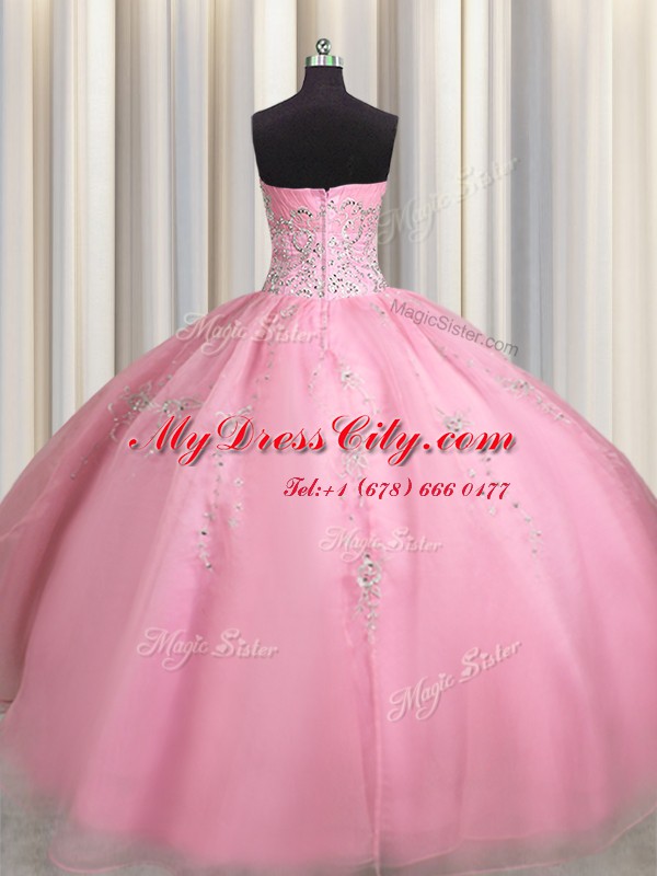 Elegant Rose Pink Ball Gowns Beading and Appliques Quinceanera Gown Zipper Organza Sleeveless Floor Length