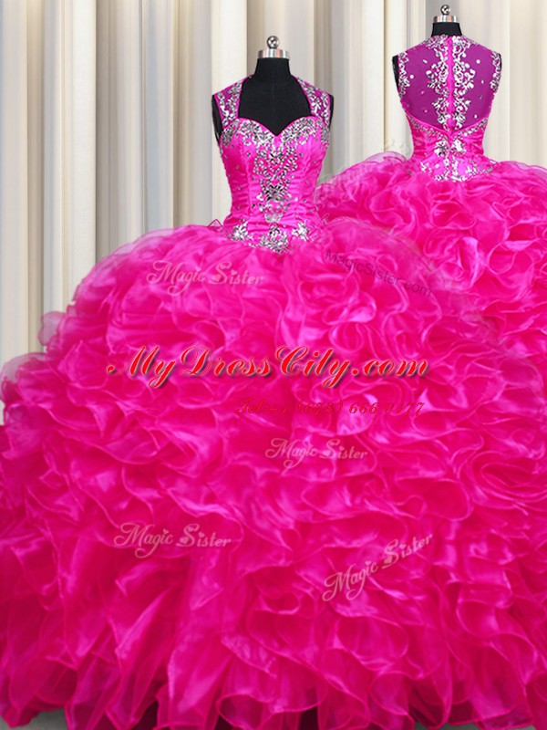 Zipper Up See Through Back With Train Ball Gowns Sleeveless Fuchsia Quince Ball Gowns Sweep Train Zipper