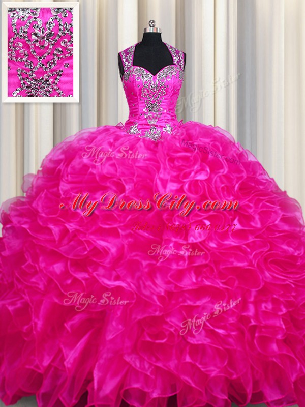 Zipper Up See Through Back With Train Ball Gowns Sleeveless Fuchsia Quince Ball Gowns Sweep Train Zipper