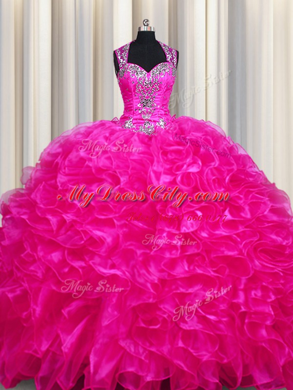 Zipper Up See Through Back With Train Ball Gowns Sleeveless Fuchsia Quince Ball Gowns Sweep Train Zipper