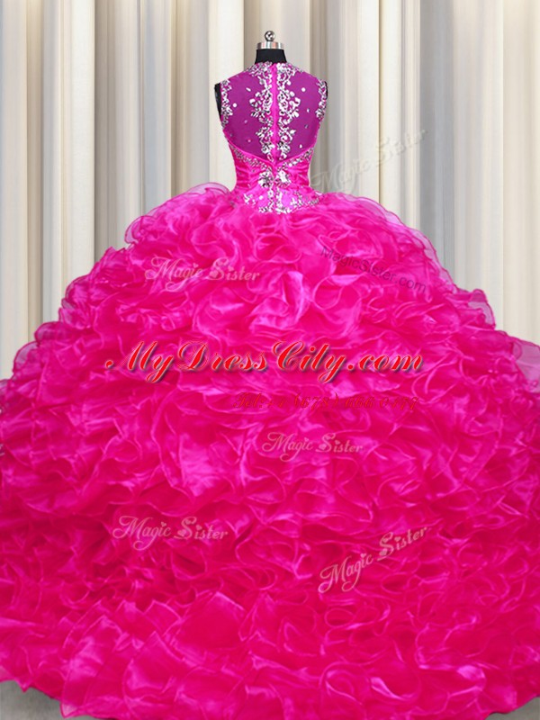 Zipper Up See Through Back With Train Ball Gowns Sleeveless Fuchsia Quince Ball Gowns Sweep Train Zipper