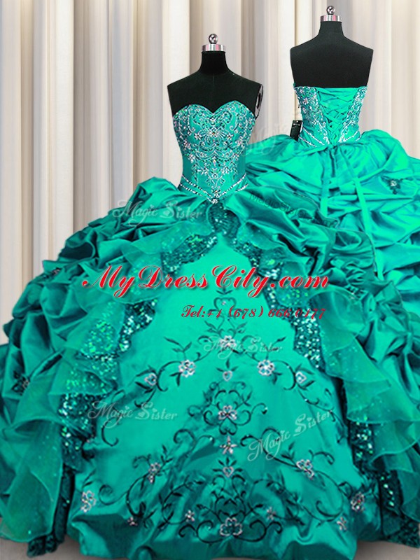 Ideal Sequins Floor Length Lace Up Quinceanera Gowns Dark Green for Military Ball and Sweet 16 and Quinceanera with Beading and Embroidery and Ruffles and Pick Ups