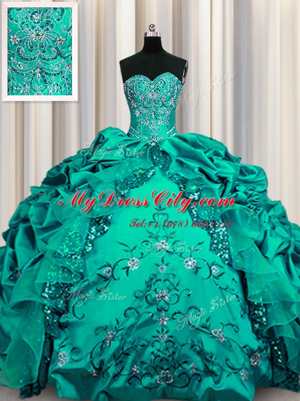 Ideal Sequins Floor Length Lace Up Quinceanera Gowns Dark Green for Military Ball and Sweet 16 and Quinceanera with Beading and Embroidery and Ruffles and Pick Ups