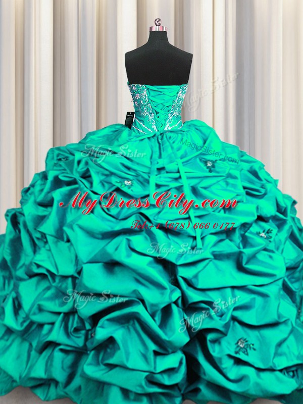 Ideal Sequins Floor Length Lace Up Quinceanera Gowns Dark Green for Military Ball and Sweet 16 and Quinceanera with Beading and Embroidery and Ruffles and Pick Ups