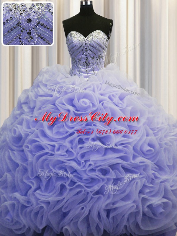 Eye-catching Fabric With Rolling Flowers Sweetheart Sleeveless Brush Train Lace Up Beading and Pick Ups 15 Quinceanera Dress in Lavender