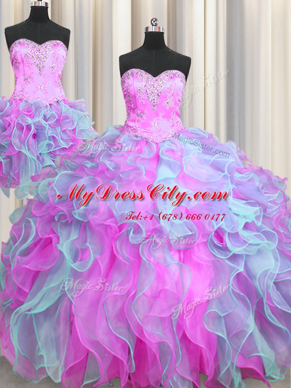 Three Piece Multi-color Organza Lace Up Quinceanera Gown Sleeveless Beading and Ruffles