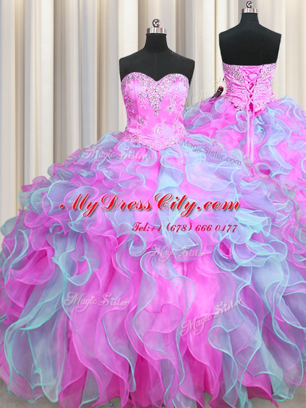 Three Piece Multi-color Organza Lace Up Quinceanera Gown Sleeveless Beading and Ruffles