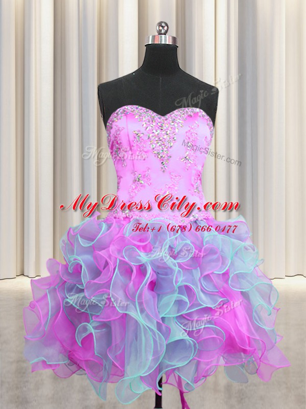 Three Piece Multi-color Organza Lace Up Quinceanera Gown Sleeveless Beading and Ruffles