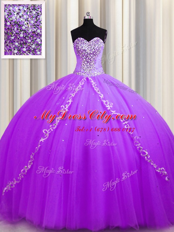 Glorious Sweep Train Purple Sweetheart Neckline Beading 15 Quinceanera Dress Sleeveless Lace Up