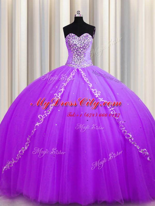 Glorious Sweep Train Purple Sweetheart Neckline Beading 15 Quinceanera Dress Sleeveless Lace Up