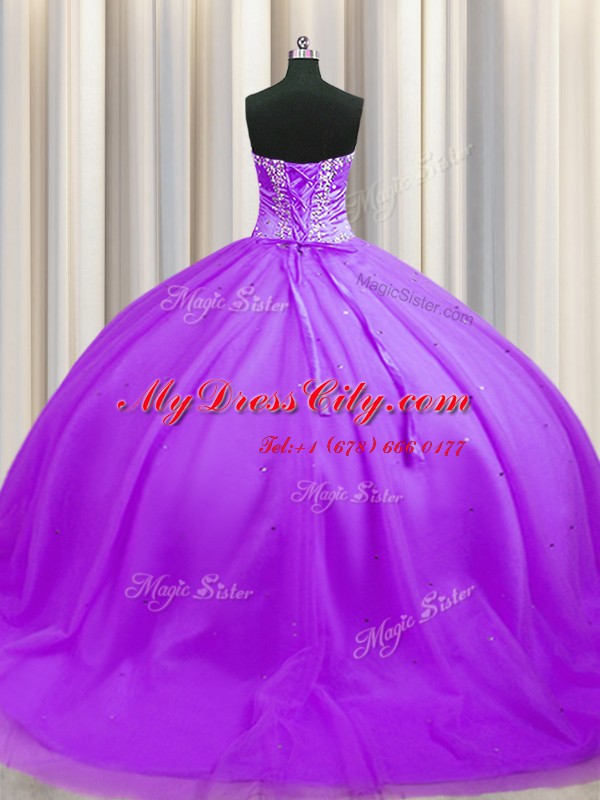 Glorious Sweep Train Purple Sweetheart Neckline Beading 15 Quinceanera Dress Sleeveless Lace Up