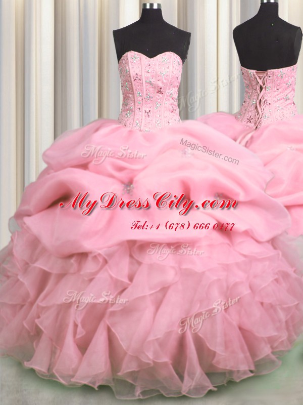 Visible Boning Sleeveless Lace Up Floor Length Beading and Ruffles and Pick Ups Quinceanera Gown