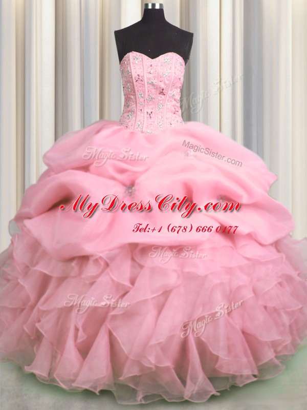 Visible Boning Sleeveless Lace Up Floor Length Beading and Ruffles and Pick Ups Quinceanera Gown