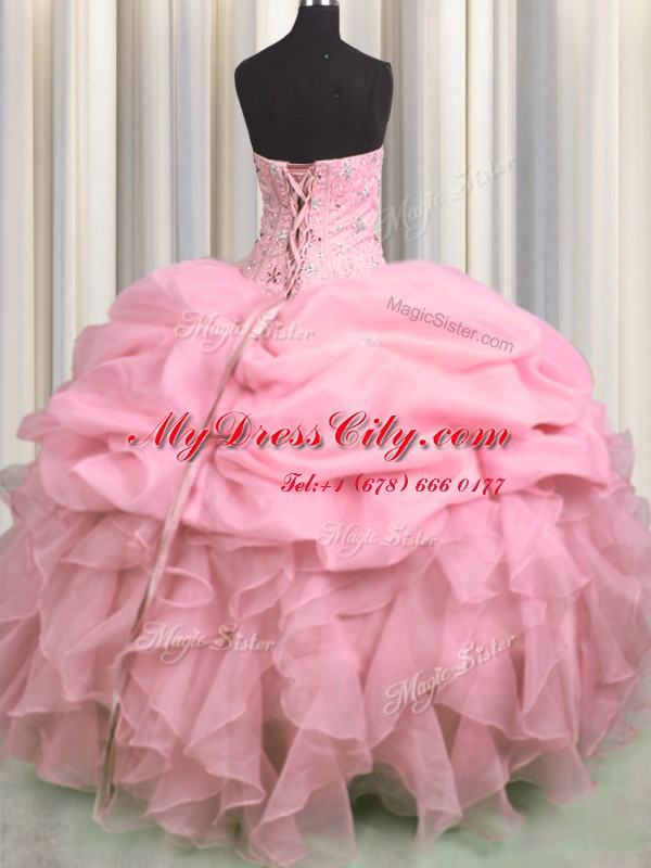 Visible Boning Sleeveless Lace Up Floor Length Beading and Ruffles and Pick Ups Quinceanera Gown