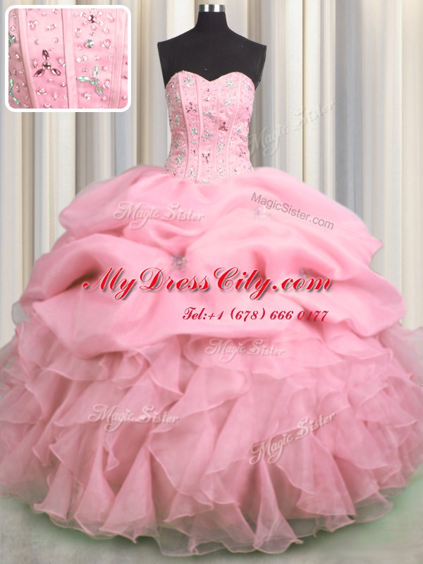 Visible Boning Sleeveless Lace Up Floor Length Beading and Ruffles and Pick Ups Quinceanera Gown