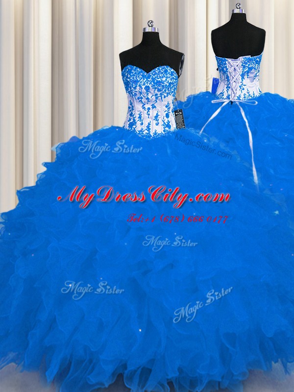 Eye-catching Floor Length Royal Blue Quinceanera Dress Organza Sleeveless Appliques and Ruffles