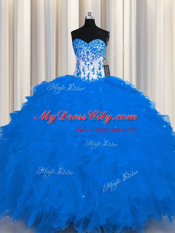 Eye-catching Floor Length Royal Blue Quinceanera Dress Organza Sleeveless Appliques and Ruffles