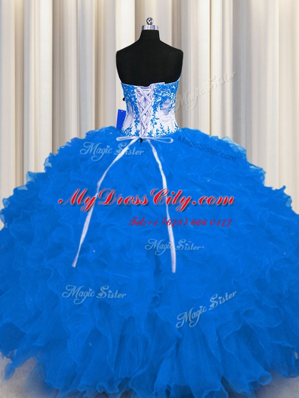 Eye-catching Floor Length Royal Blue Quinceanera Dress Organza Sleeveless Appliques and Ruffles