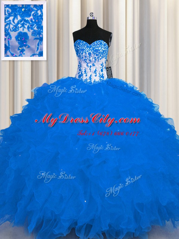 Eye-catching Floor Length Royal Blue Quinceanera Dress Organza Sleeveless Appliques and Ruffles