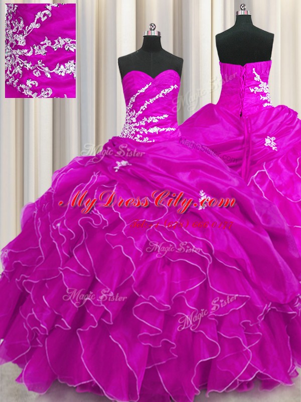 Flirting Fuchsia 15th Birthday Dress Military Ball and Sweet 16 and Quinceanera and For with Beading and Appliques and Ruffles Sweetheart Sleeveless Lace Up