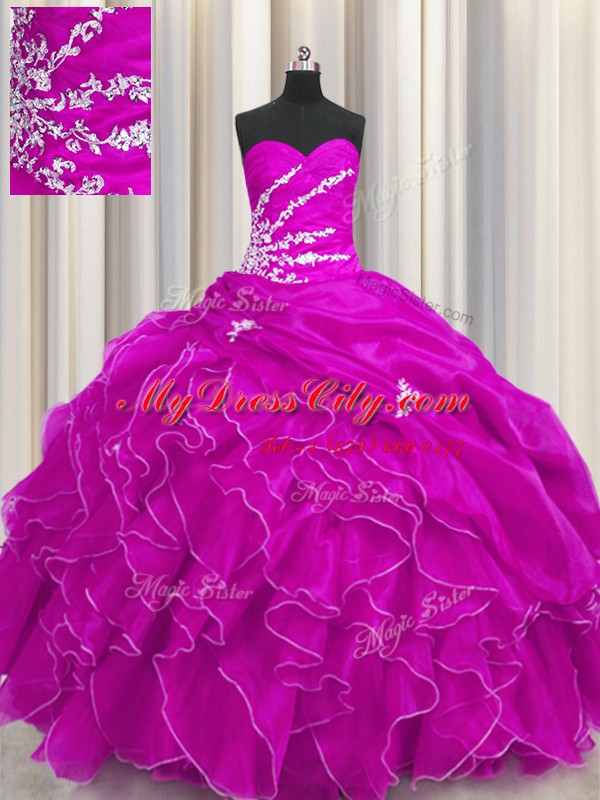 Flirting Fuchsia 15th Birthday Dress Military Ball and Sweet 16 and Quinceanera and For with Beading and Appliques and Ruffles Sweetheart Sleeveless Lace Up