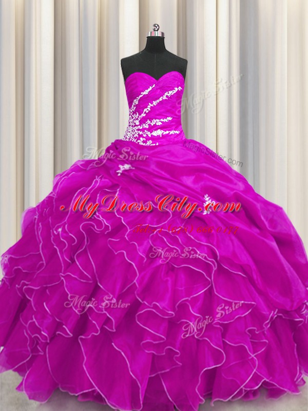 Flirting Fuchsia 15th Birthday Dress Military Ball and Sweet 16 and Quinceanera and For with Beading and Appliques and Ruffles Sweetheart Sleeveless Lace Up