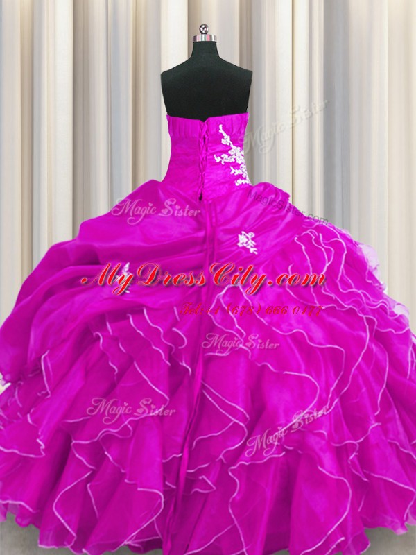 Flirting Fuchsia 15th Birthday Dress Military Ball and Sweet 16 and Quinceanera and For with Beading and Appliques and Ruffles Sweetheart Sleeveless Lace Up