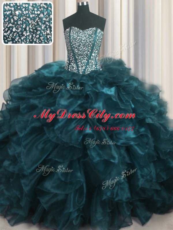 Visible Boning Bling-bling Teal Organza Lace Up Sweetheart Sleeveless With Train 15th Birthday Dress Brush Train Beading and Ruffles