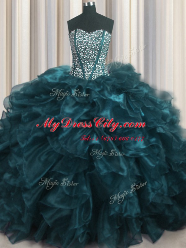 Visible Boning Bling-bling Teal Organza Lace Up Sweetheart Sleeveless With Train 15th Birthday Dress Brush Train Beading and Ruffles