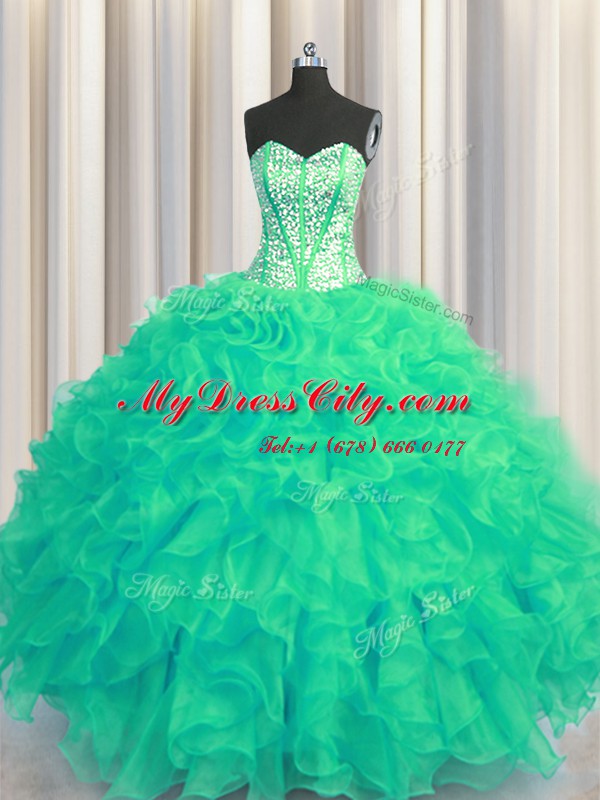 Visible Boning Beaded Bodice Turquoise Ball Gowns Sweetheart Sleeveless Organza Floor Length Lace Up Beading and Ruffles Quinceanera Dress