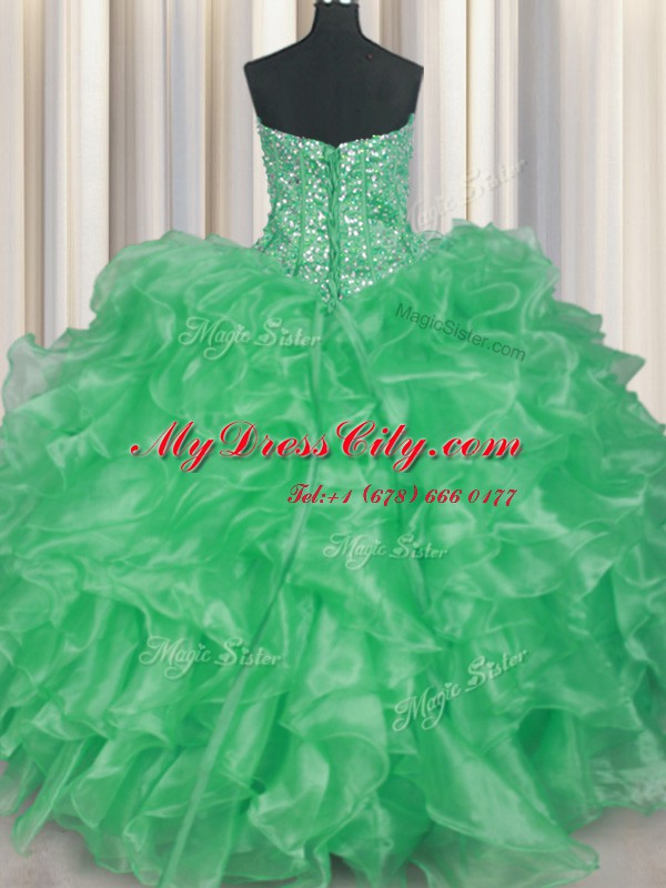 Glamorous Visible Boning Organza Strapless Sleeveless Lace Up Beading and Ruffles Quinceanera Dress in Apple Green