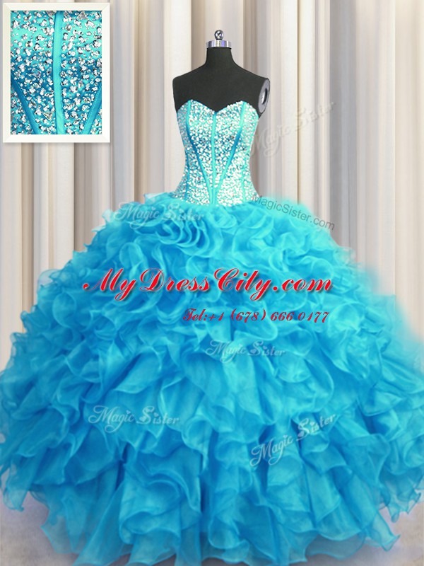 Wonderful Visible Boning Bling-bling Sleeveless Floor Length Beading and Ruffles Lace Up 15 Quinceanera Dress with Baby Blue