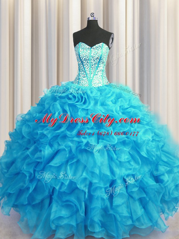 Wonderful Visible Boning Bling-bling Sleeveless Floor Length Beading and Ruffles Lace Up 15 Quinceanera Dress with Baby Blue