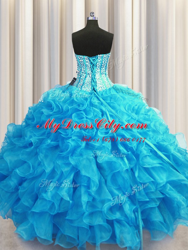 Wonderful Visible Boning Bling-bling Sleeveless Floor Length Beading and Ruffles Lace Up 15 Quinceanera Dress with Baby Blue