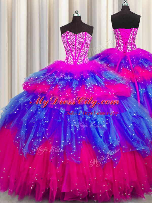 Bling-bling Visible Boning Sleeveless Tulle Floor Length Lace Up 15th Birthday Dress in Multi-color with Beading and Ruffles and Ruffled Layers and Sequins