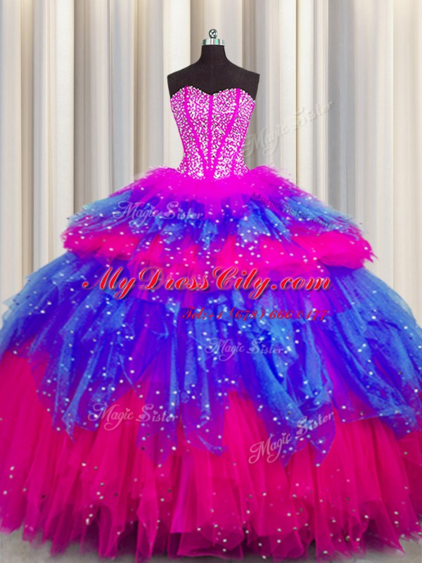 Bling-bling Visible Boning Sleeveless Tulle Floor Length Lace Up 15th Birthday Dress in Multi-color with Beading and Ruffles and Ruffled Layers and Sequins