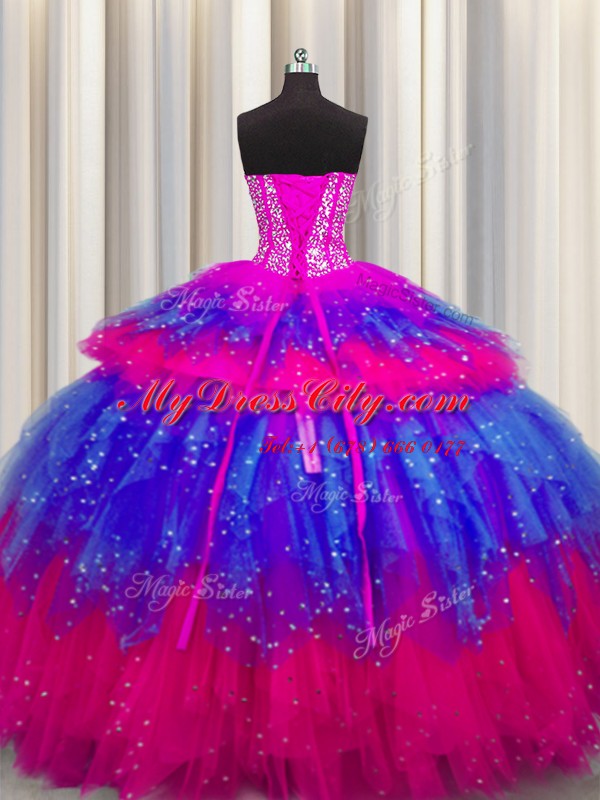 Bling-bling Visible Boning Sleeveless Tulle Floor Length Lace Up 15th Birthday Dress in Multi-color with Beading and Ruffles and Ruffled Layers and Sequins