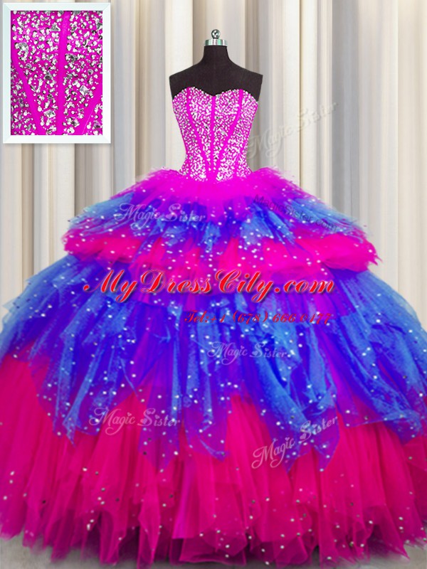 Bling-bling Visible Boning Sleeveless Tulle Floor Length Lace Up 15th Birthday Dress in Multi-color with Beading and Ruffles and Ruffled Layers and Sequins