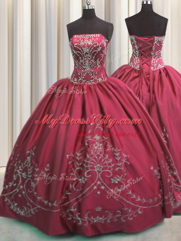 Inexpensive Embroidery Coral Red Sleeveless Taffeta Lace Up Sweet 16 Quinceanera Dress for Military Ball and Sweet 16 and Quinceanera